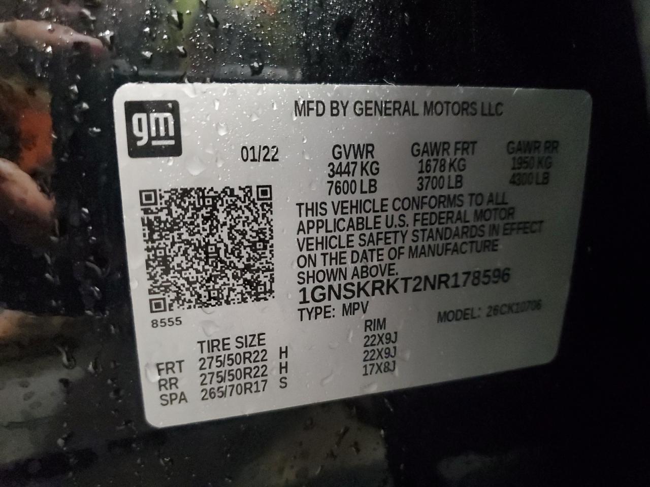 2022 CHEVROLET TAHOE K1500 RST VIN:1GNSKRKT2NR178596