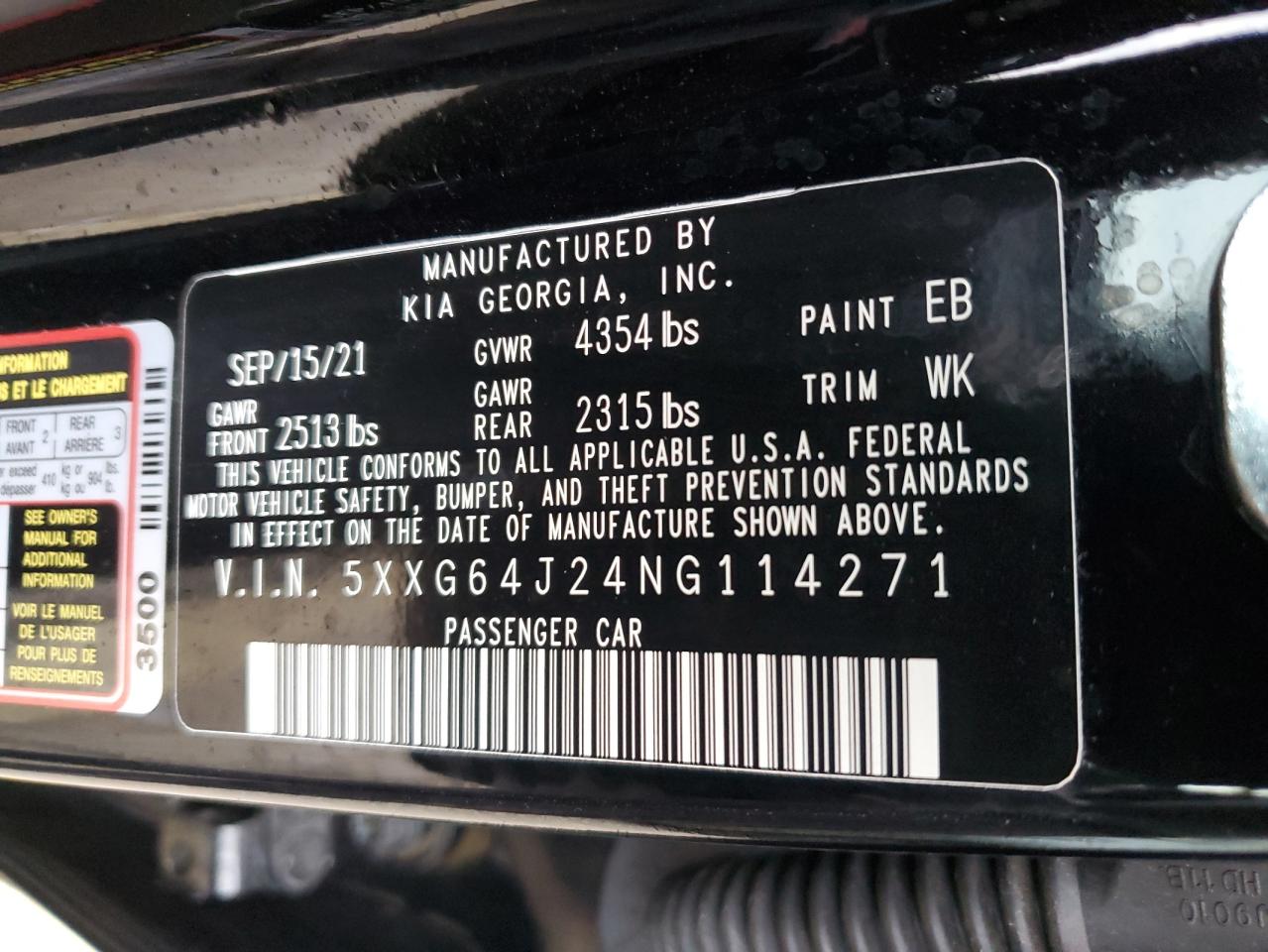 2022 KIA K5 GT LINE VIN:5XXG64J24NG114271
