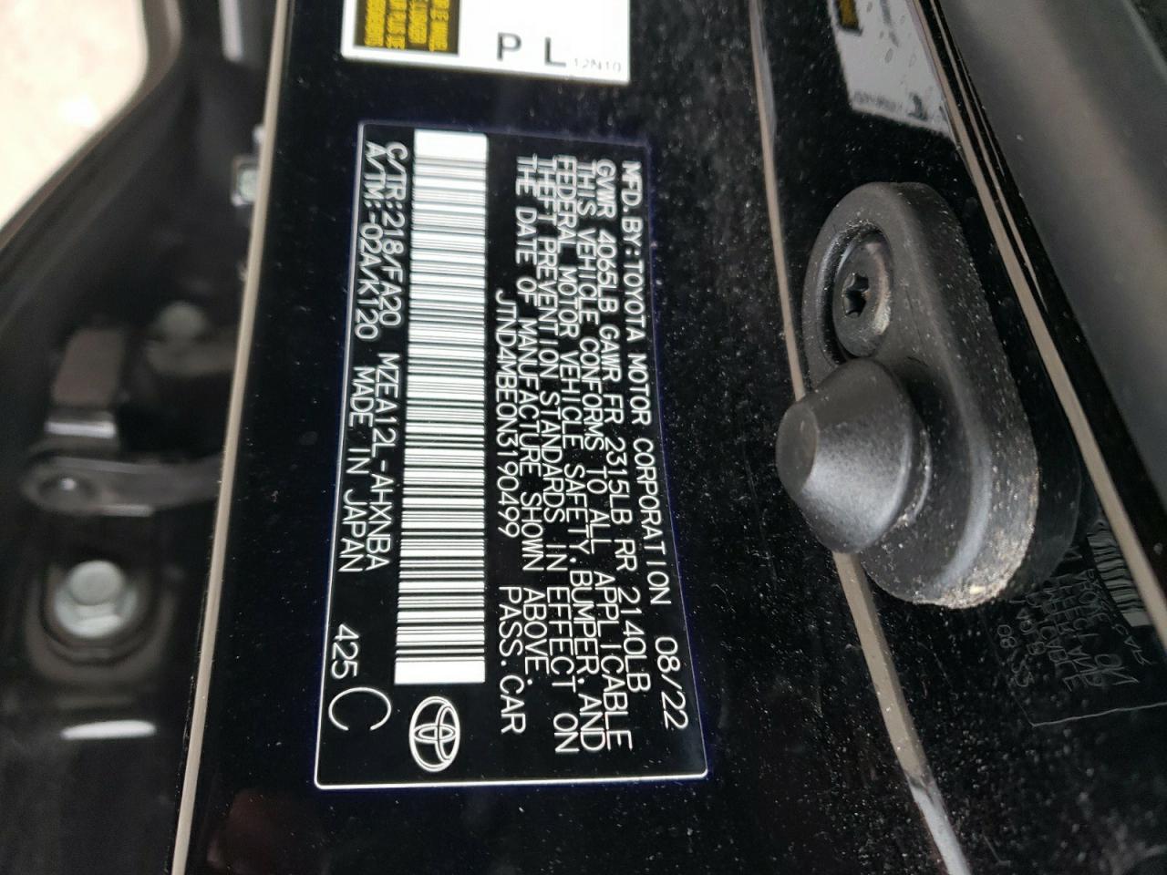 2022 TOYOTA COROLLA SE VIN:JTND4MBE0N3190499