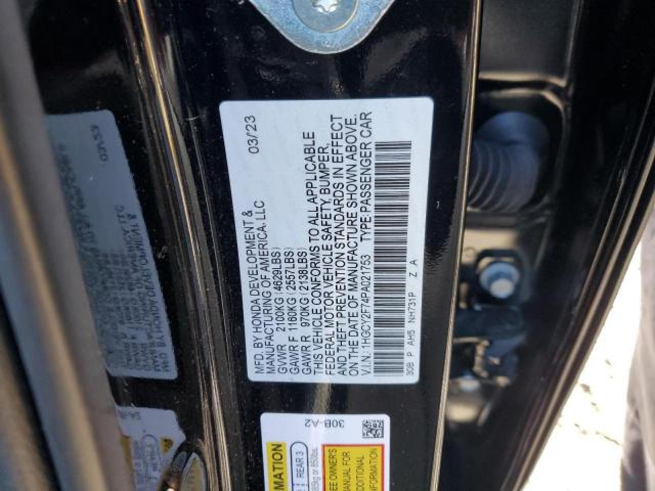 2023 HONDA ACCORD HYBRID SPORT-L VIN:1HGCY2F74PA021753