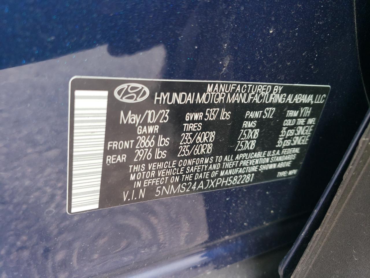 2023 HYUNDAI SANTA FE SEL VIN:5NMS24AJXPH582281