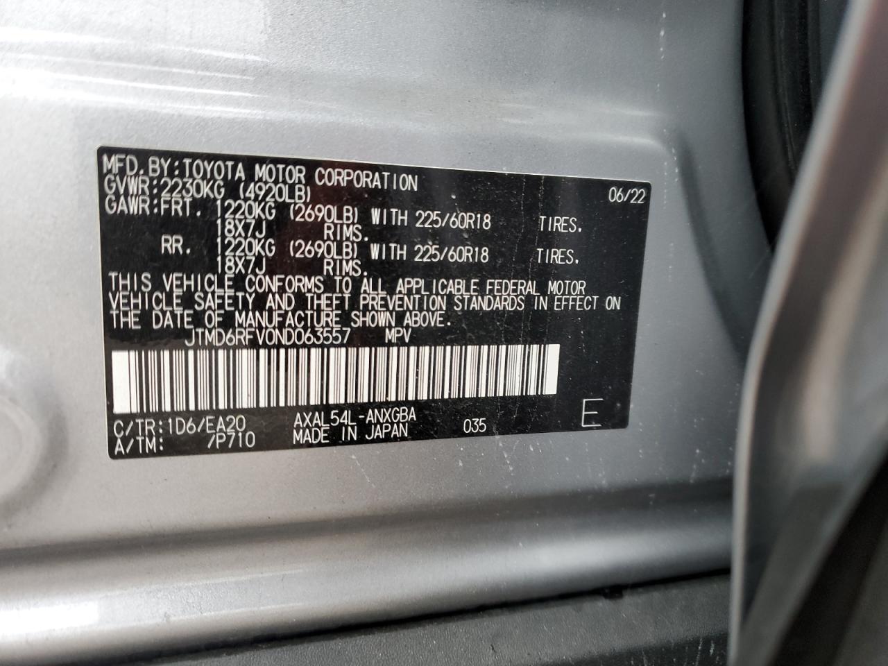 2022 TOYOTA RAV4 LIMITED VIN:JTMD6RFV0ND063557