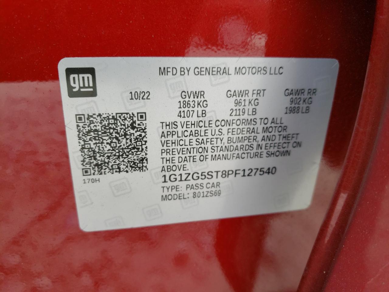 2023 CHEVROLET MALIBU RS VIN:1G1ZG5ST8PF127540