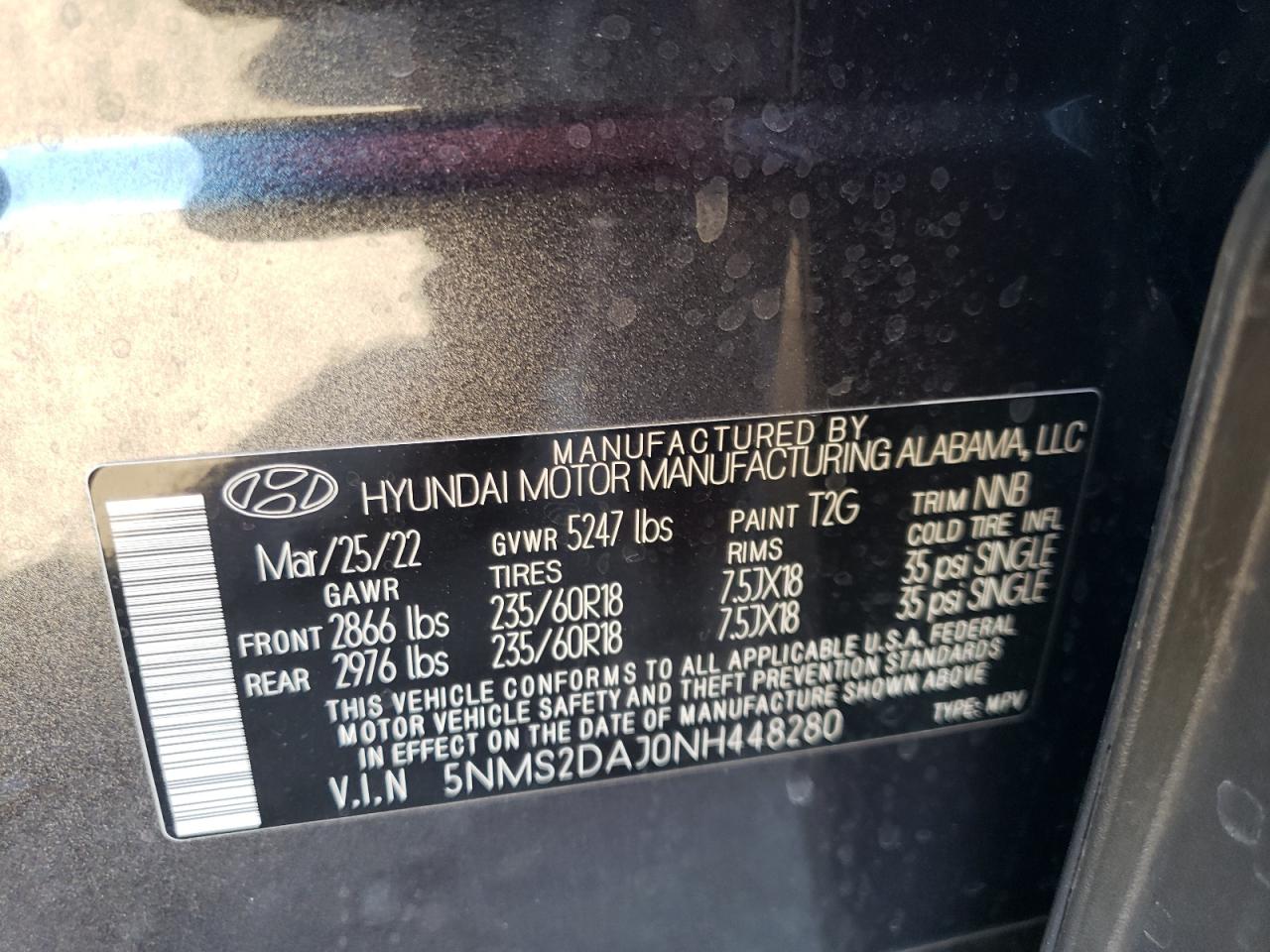 2022 HYUNDAI SANTA FE SEL VIN:5NMS2DAJ0NH448280