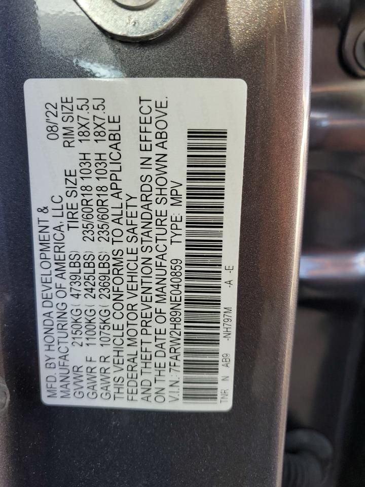 2022 HONDA CR-V EXL VIN:7FARW2H89NE040859