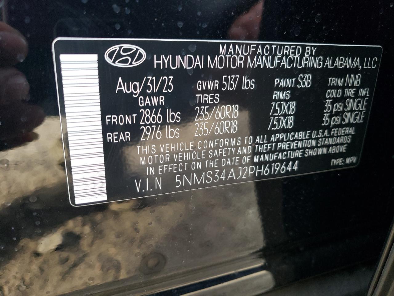 2023 HYUNDAI SANTA FE SEL PREMIUM VIN:5NMS34AJ2PH619644