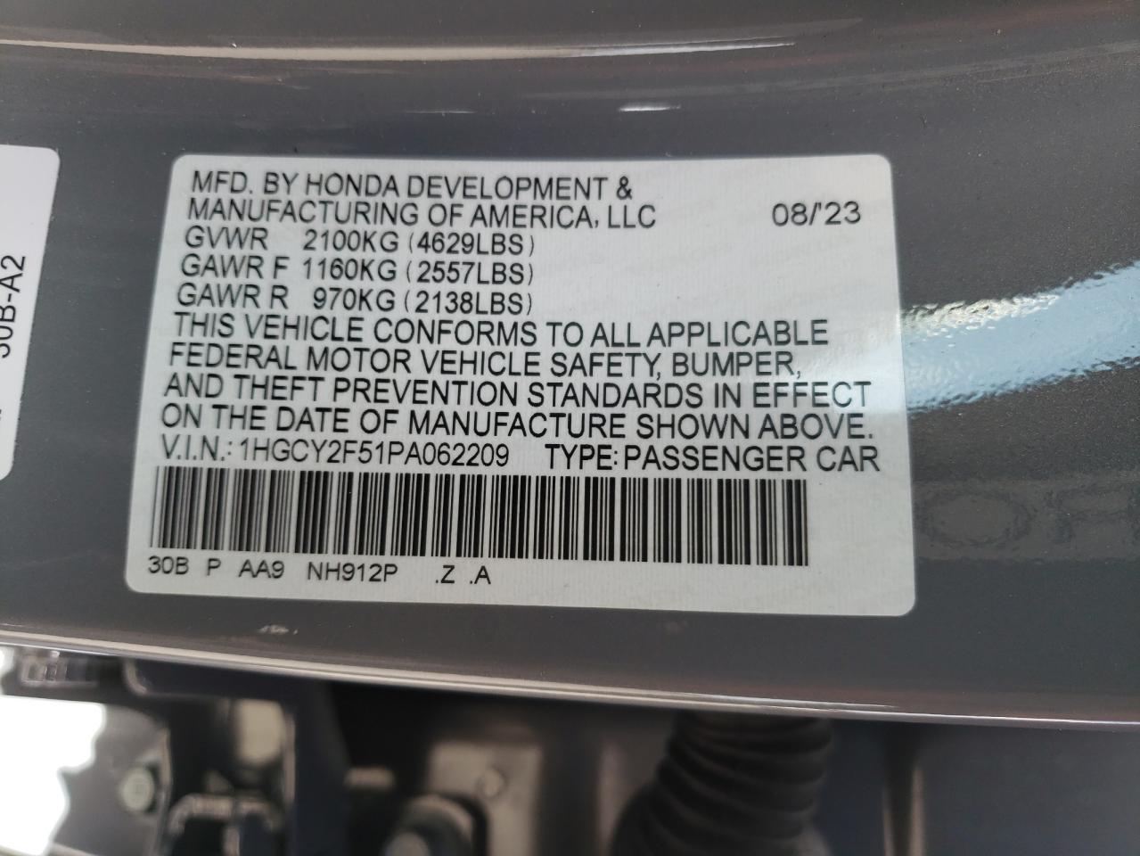 2023 HONDA ACCORD HYBRID SPORT VIN:1HGCY2F51PA062209