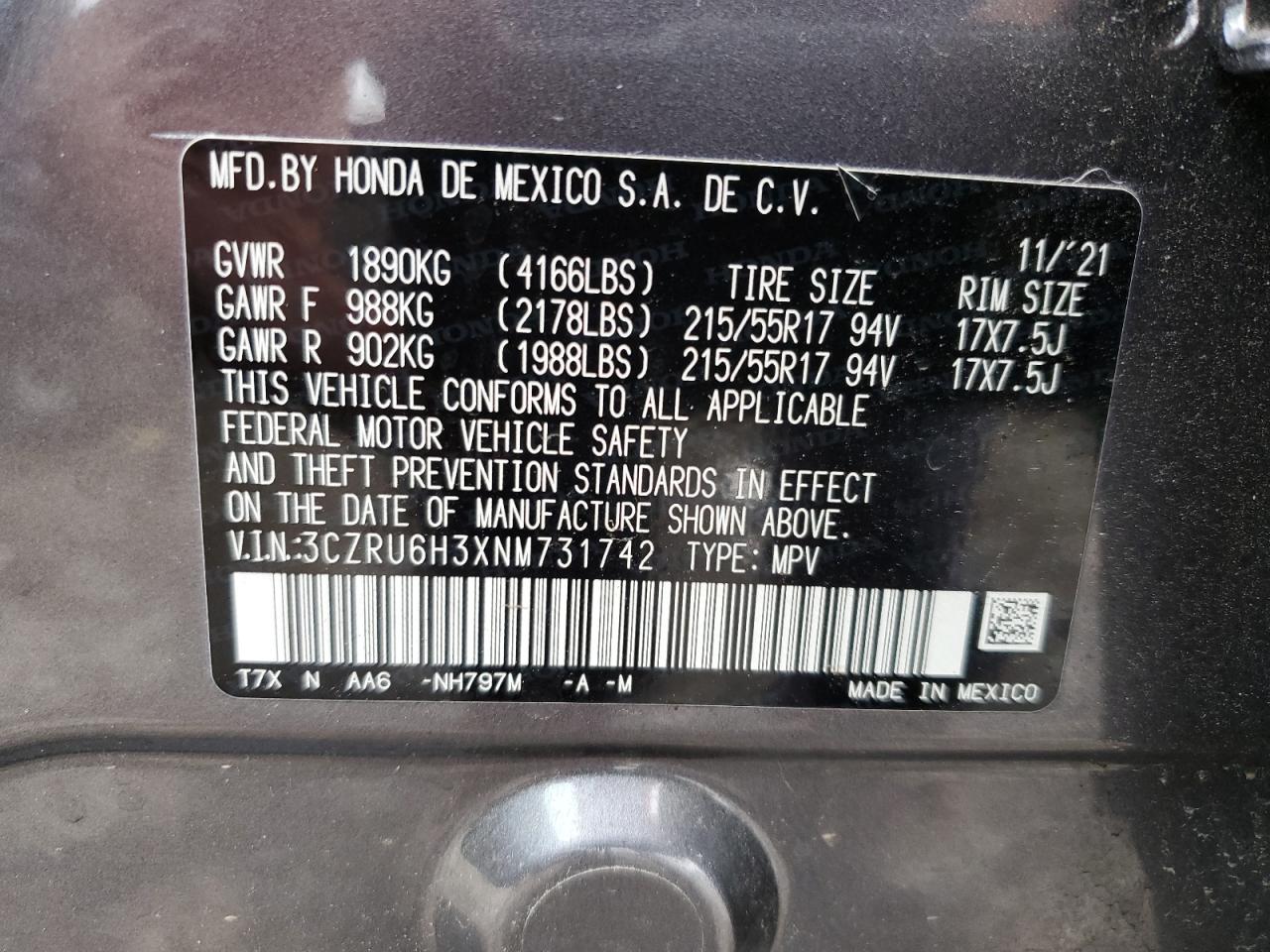 2022 HONDA HR-V LX VIN:3CZRU6H3XNM731742