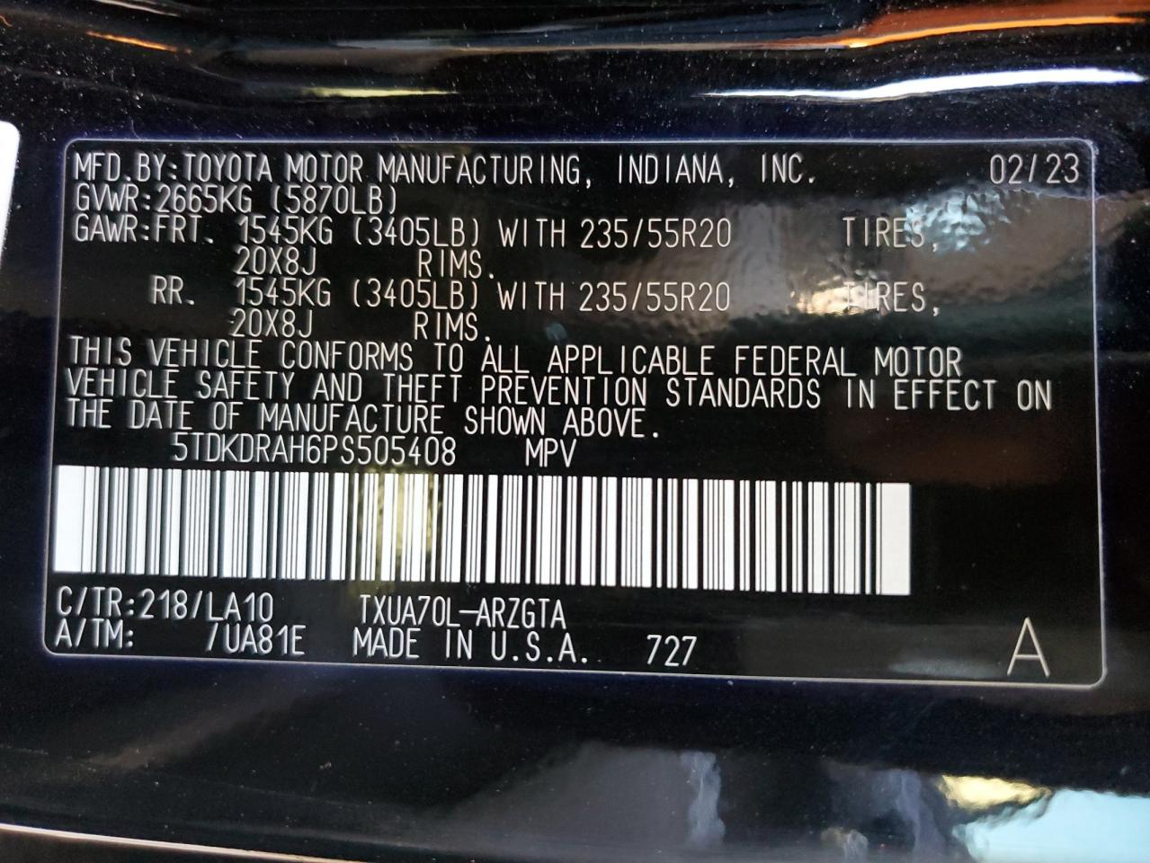 2023 TOYOTA HIGHLANDER L VIN:5TDKDRAH6PS505408