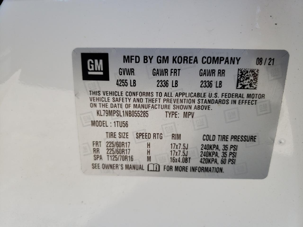 2022 CHEVROLET TRAILBLAZER LT VIN:KL79MPSL1NB055285