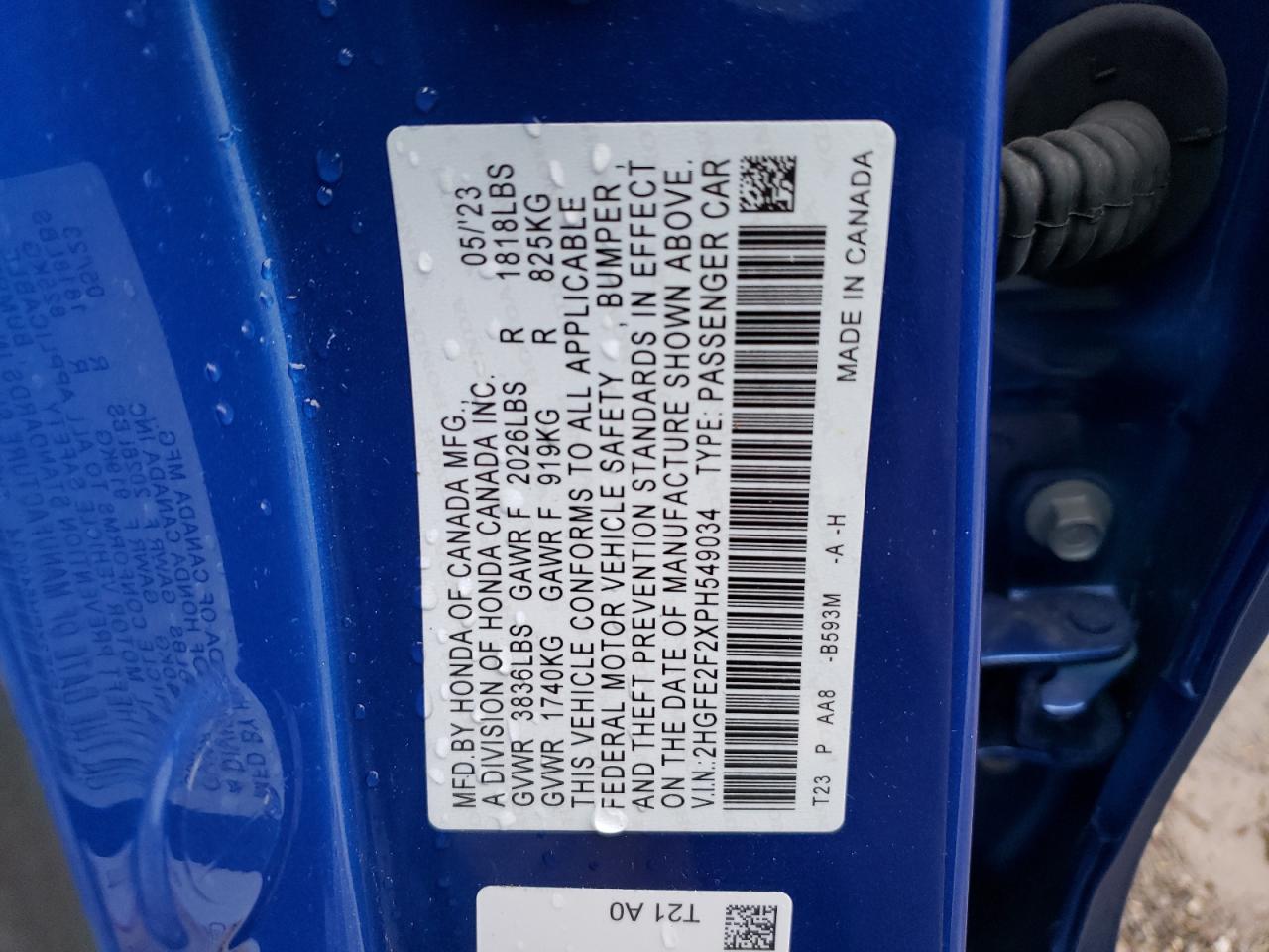 2023 HONDA CIVIC LX VIN:2HGFE2F2XPH549034