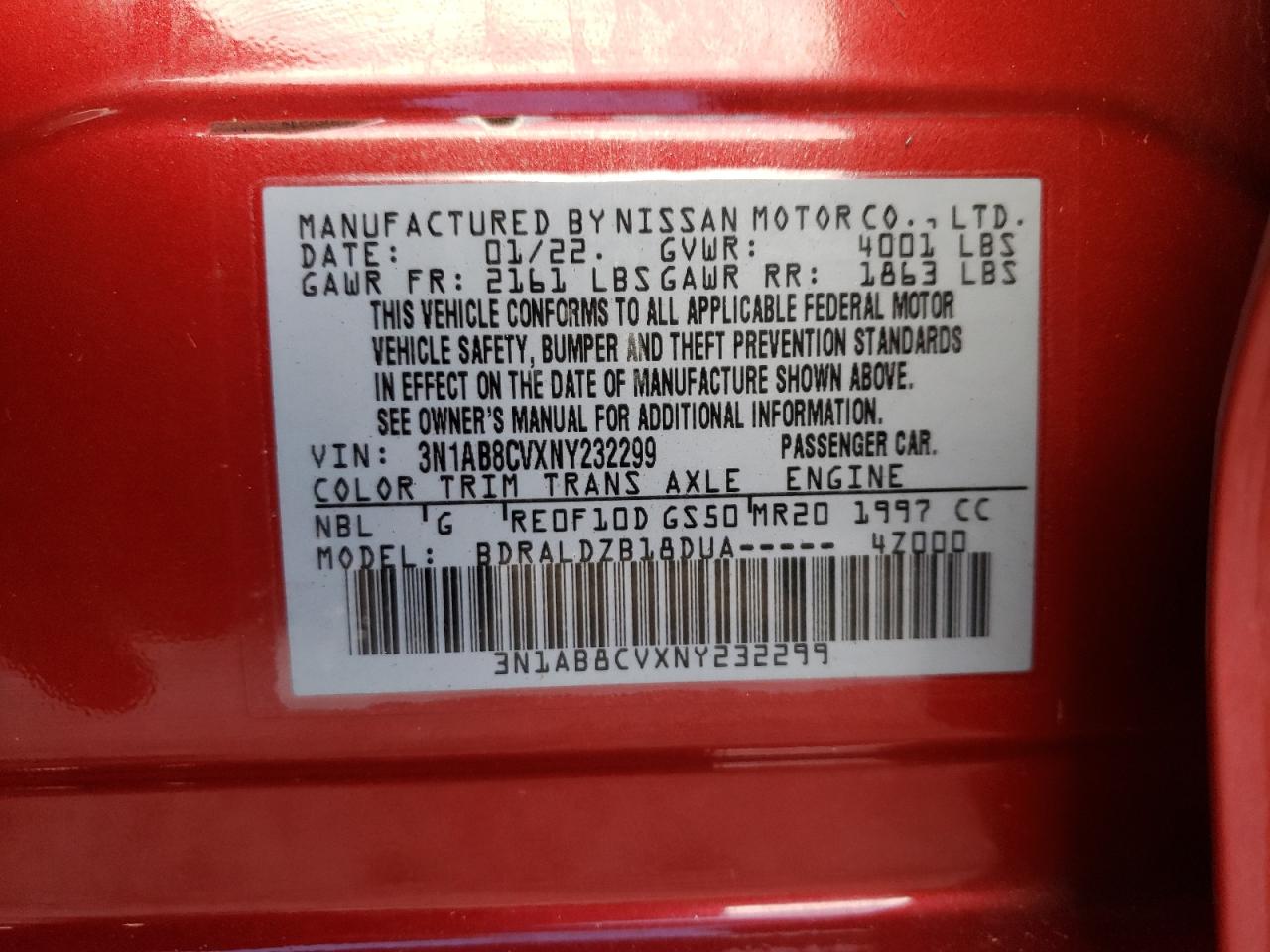 2022 NISSAN SENTRA SV VIN:3N1AB8CVXNY232299