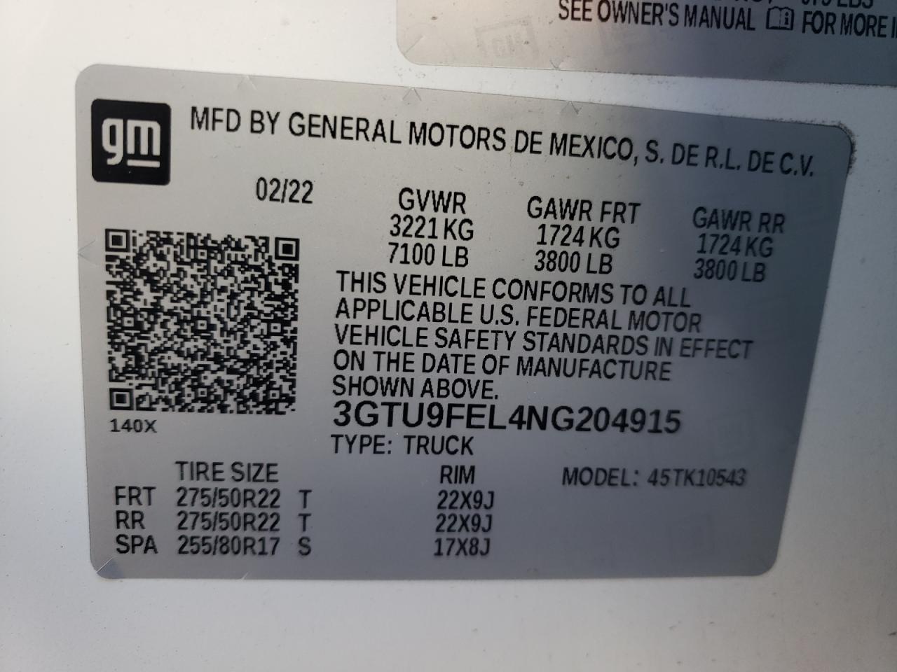 2022 GMC SIERRA LIMITED K1500 DENALI VIN:3GTU9FEL4NG204915