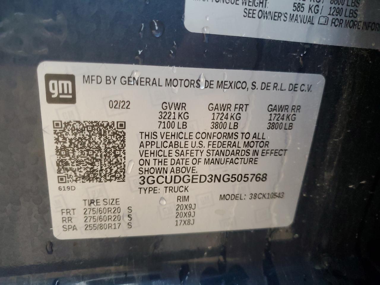 2022 CHEVROLET SILVERADO K1500 LTZ VIN:3GCUDGED3NG505768