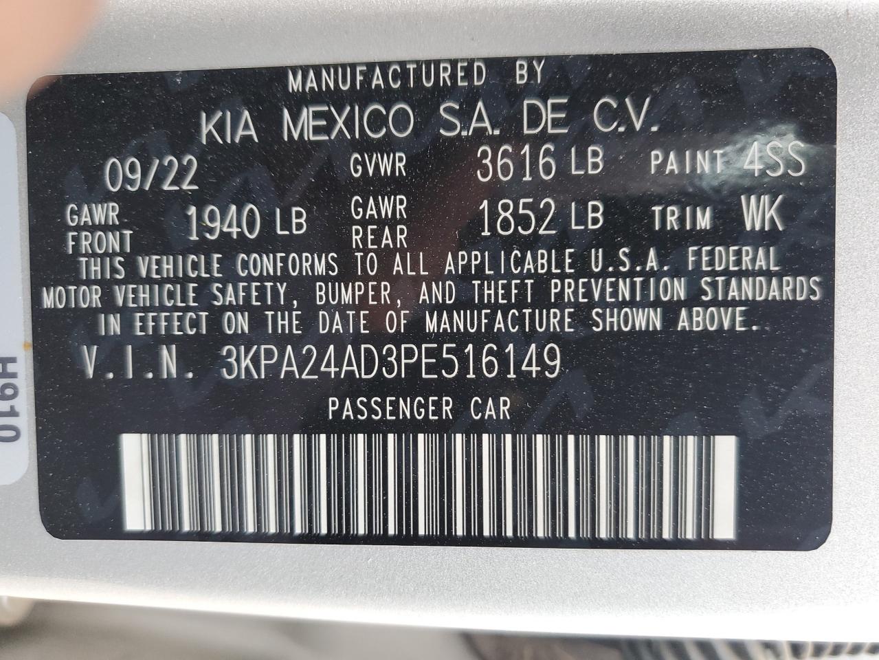 2023 KIA RIO LX VIN:3KPA24AD3PE516149