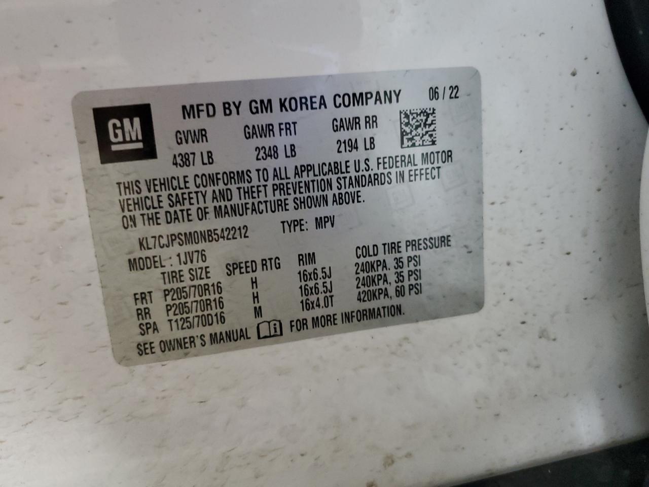 2022 CHEVROLET TRAX 1LT VIN:KL7CJPSM0NB542212