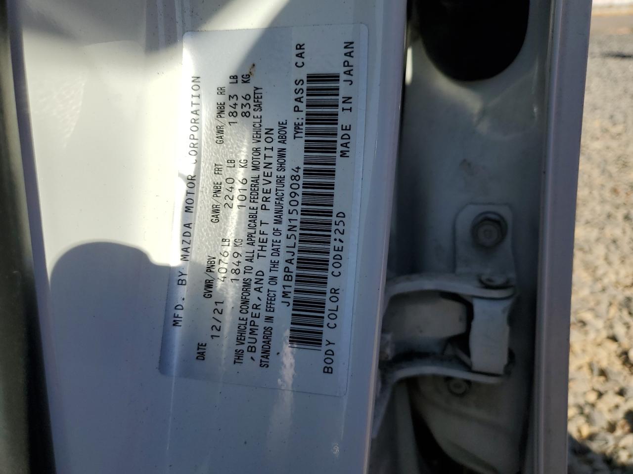 2022 MAZDA 3  VIN:JM1BPAJL5N1509084