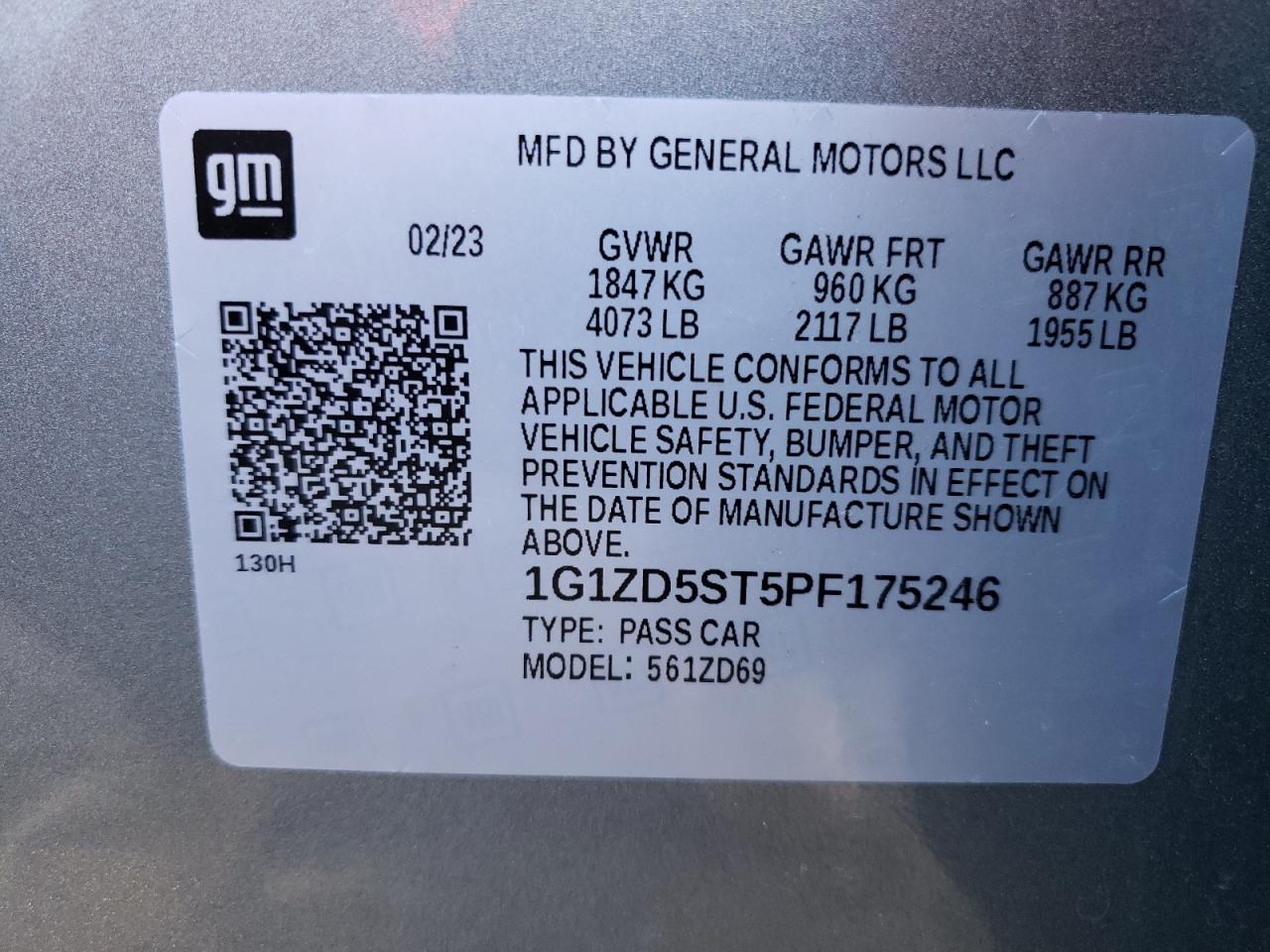 2023 CHEVROLET MALIBU LT VIN:1G1ZD5ST5PF175246