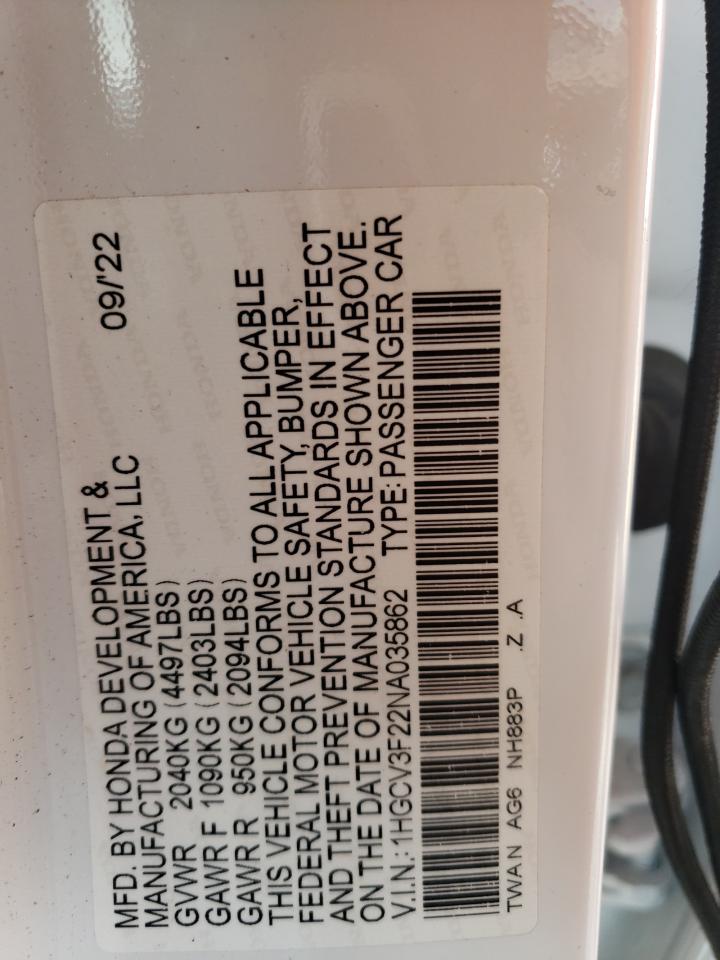 2022 HONDA ACCORD HYBRID SPORT VIN:1HGCV3F22NA035862