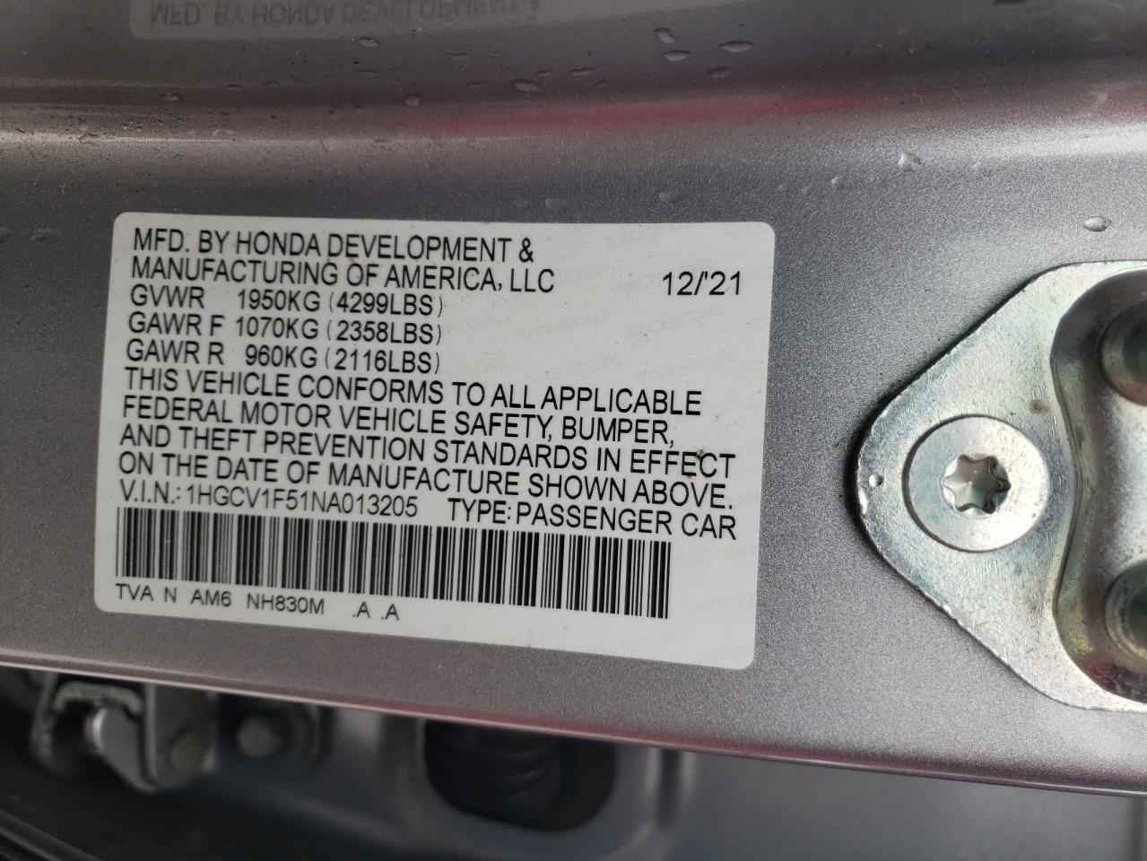 2022 HONDA ACCORD EXL VIN:1HGCV1F51NA013205
