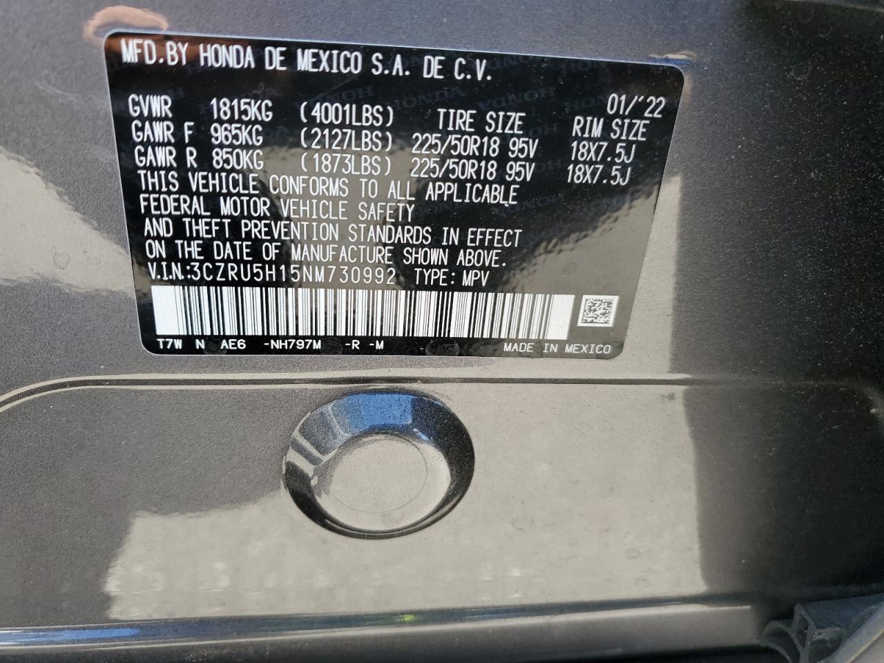 2022 HONDA HR-V SPORT VIN:3CZRU5H15NM730992