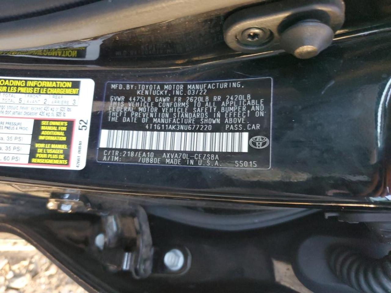 2022 TOYOTA CAMRY SE VIN:4T1G11AK3NU677220