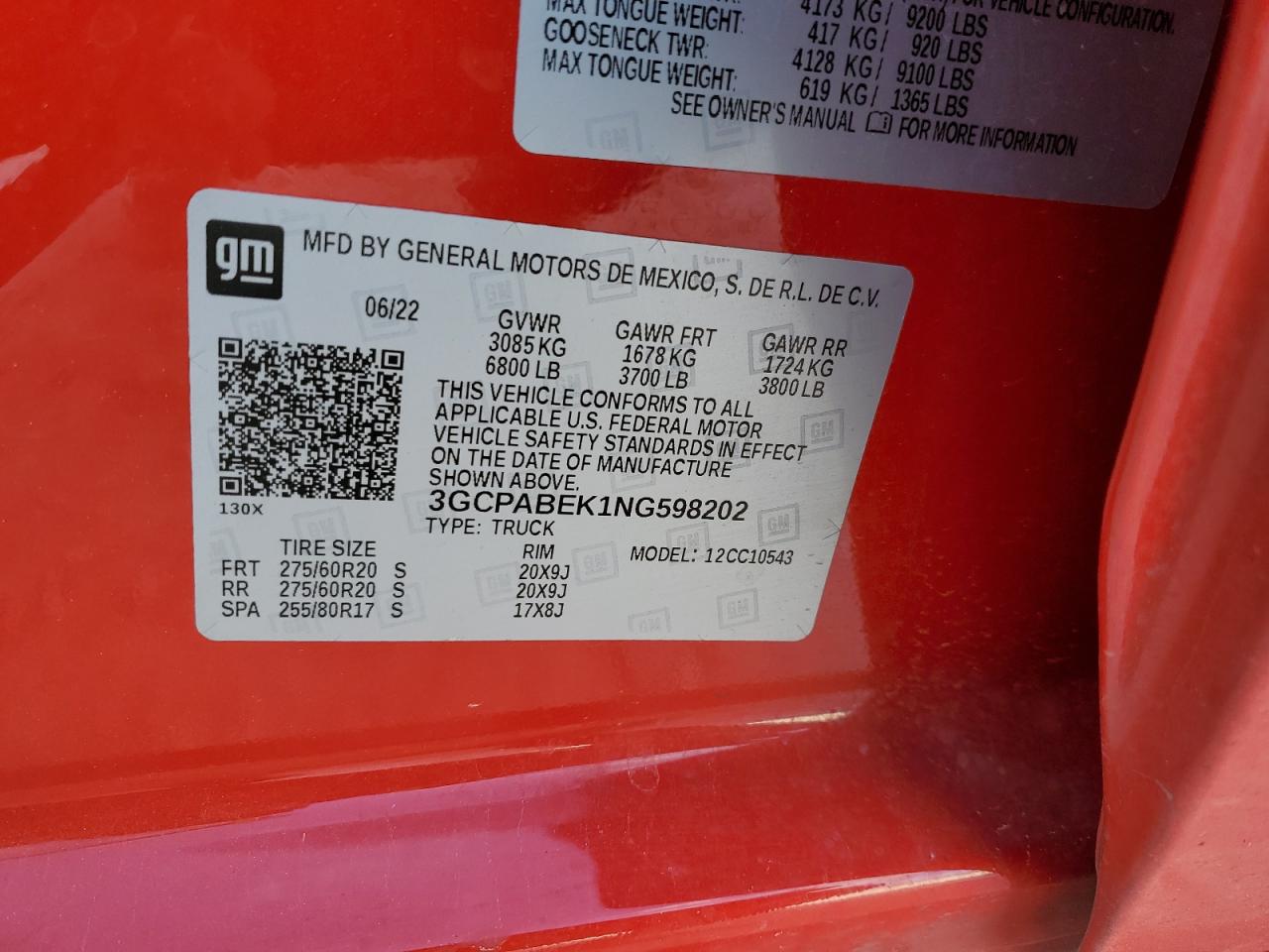 2022 CHEVROLET SILVERADO C1500 CUSTOM VIN:3GCPABEK1NG598202