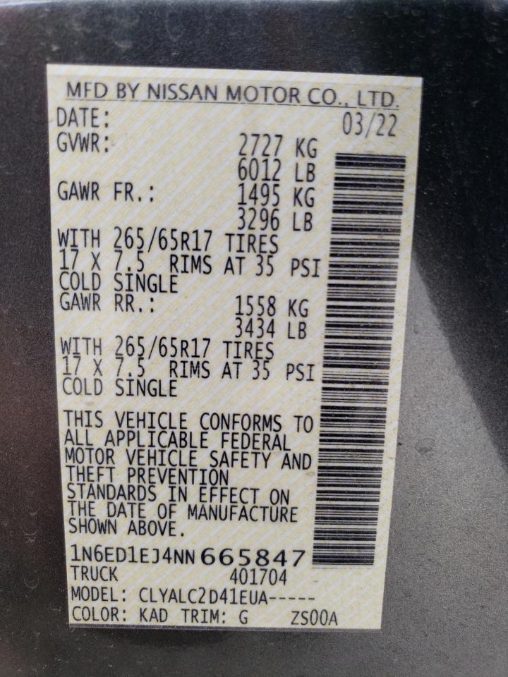 2022 NISSAN FRONTIER S VIN:1N6ED1EJ4NN665847