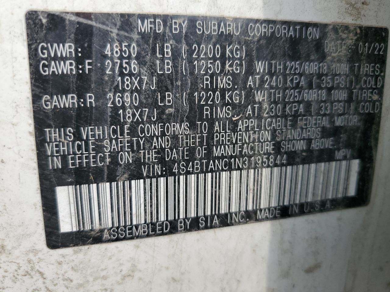2022 SUBARU OUTBACK LIMITED VIN:4S4BTANC1N3195844