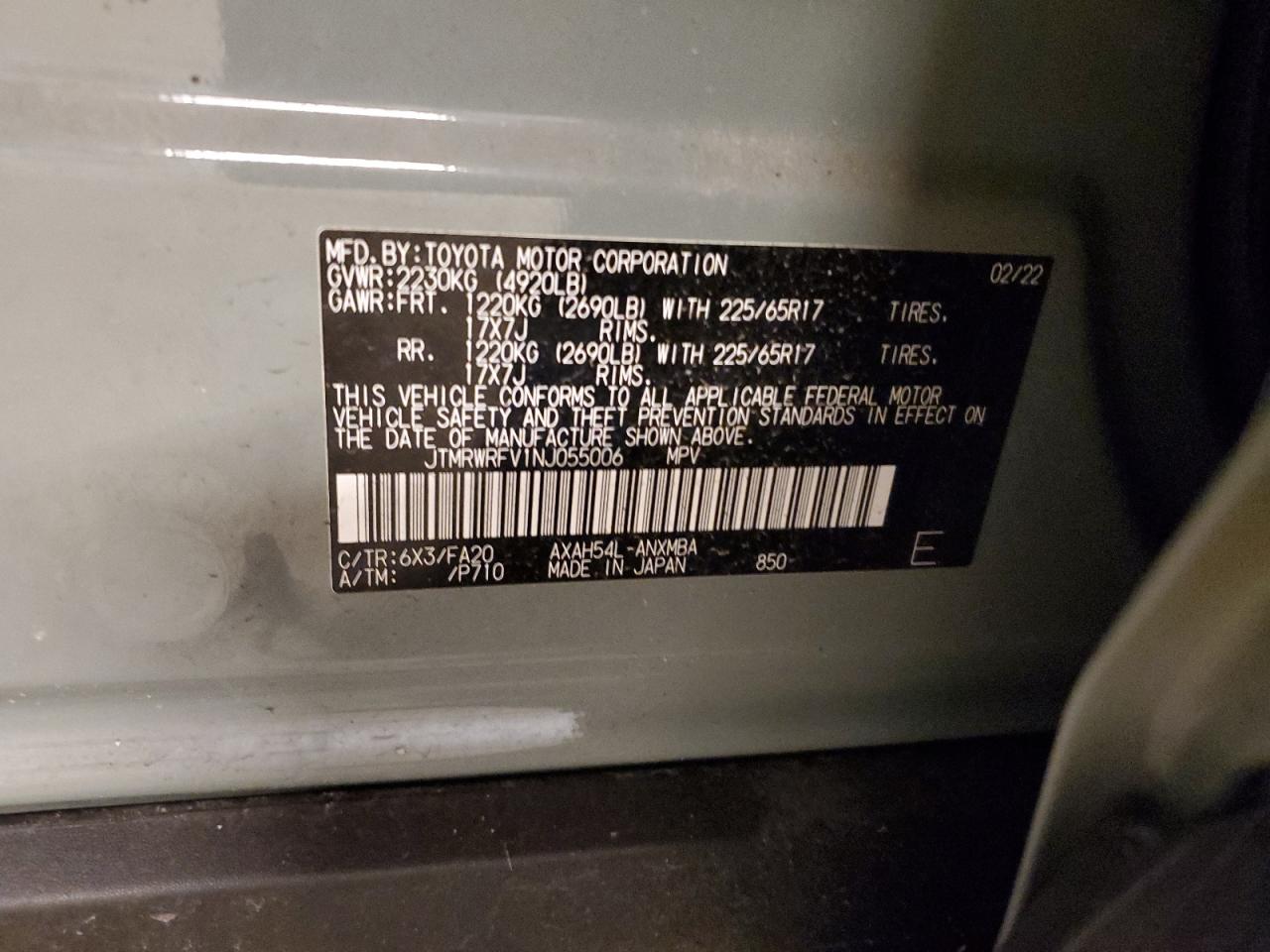 2022 TOYOTA RAV4 XLE VIN:JTMRWRFV1NJ055006