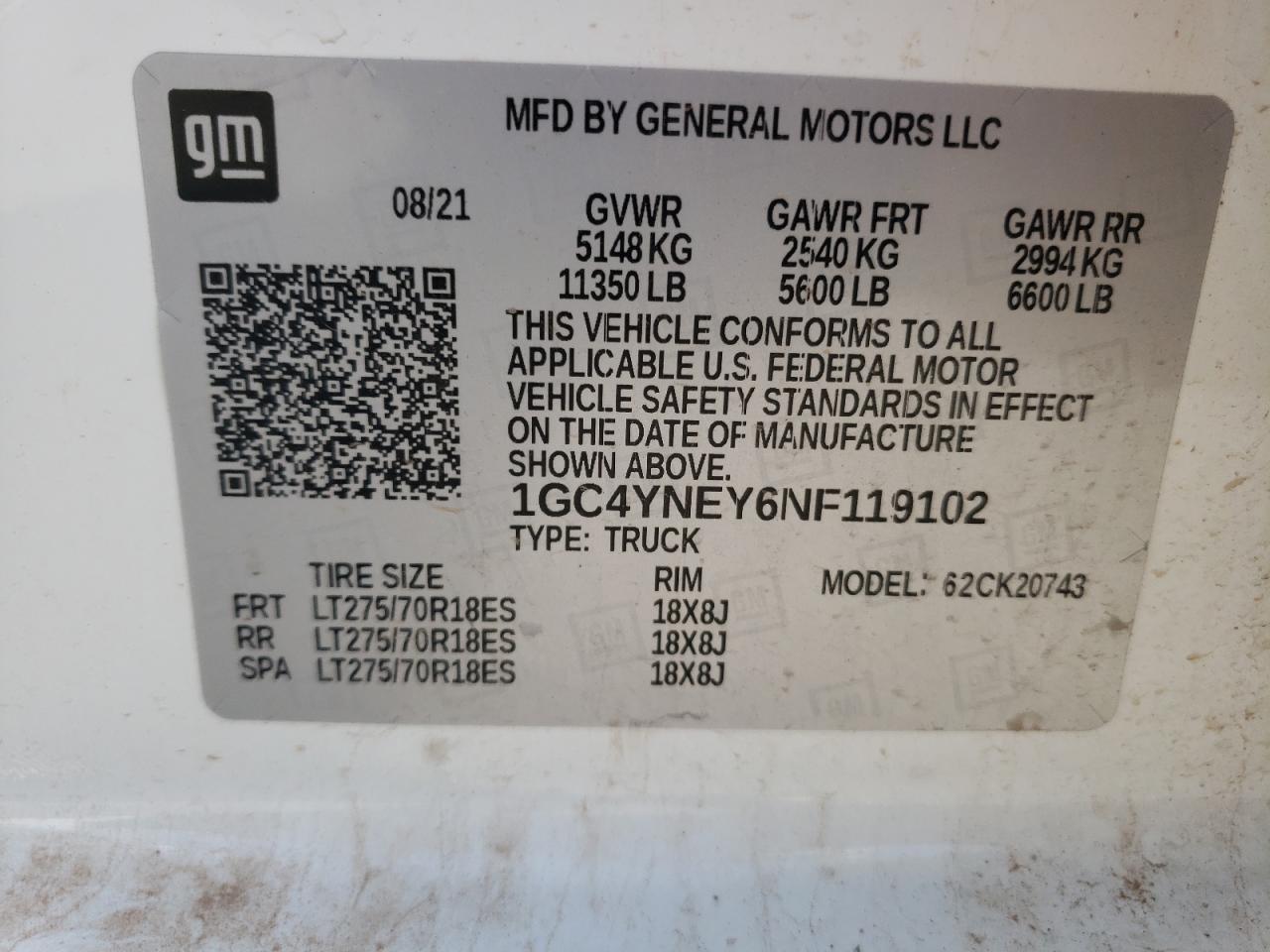 2022 CHEVROLET SILVERADO K2500 HEAVY DUTY LT VIN:1GC4YNEY6NF119102