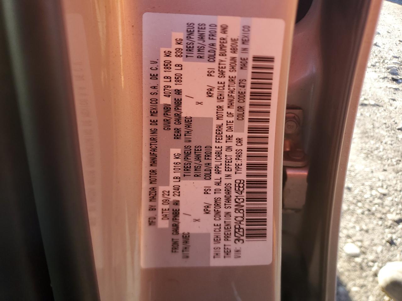 2022 MAZDA 3 PREFERRED VIN:3MZBPACL8NM314559