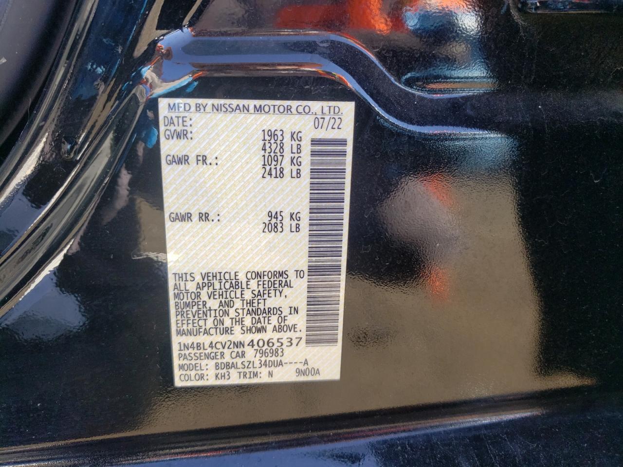 2022 NISSAN ALTIMA SR VIN:1N4BL4CV2NN406537