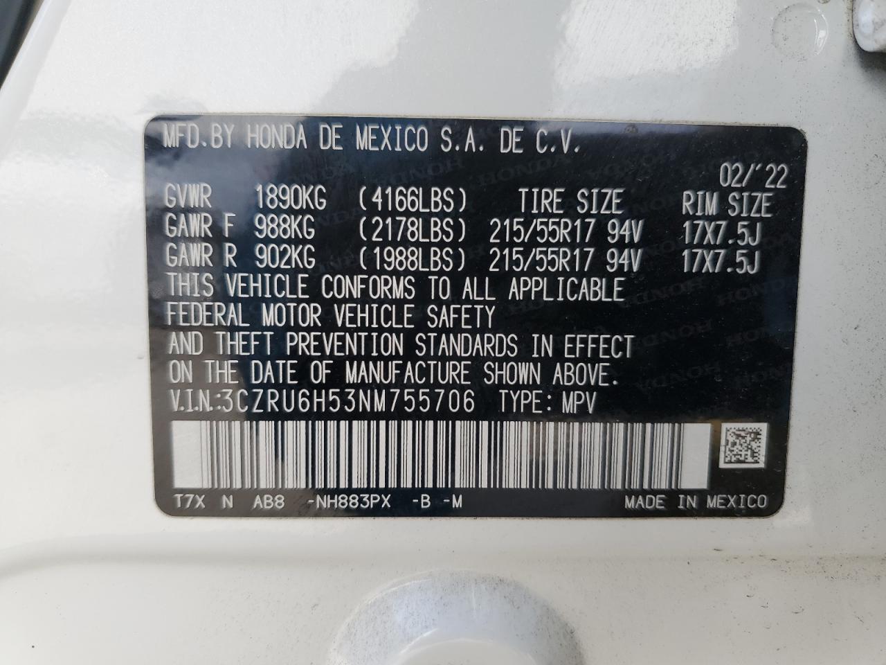 2022 HONDA HR-V EX VIN:3CZRU6H53NM755706
