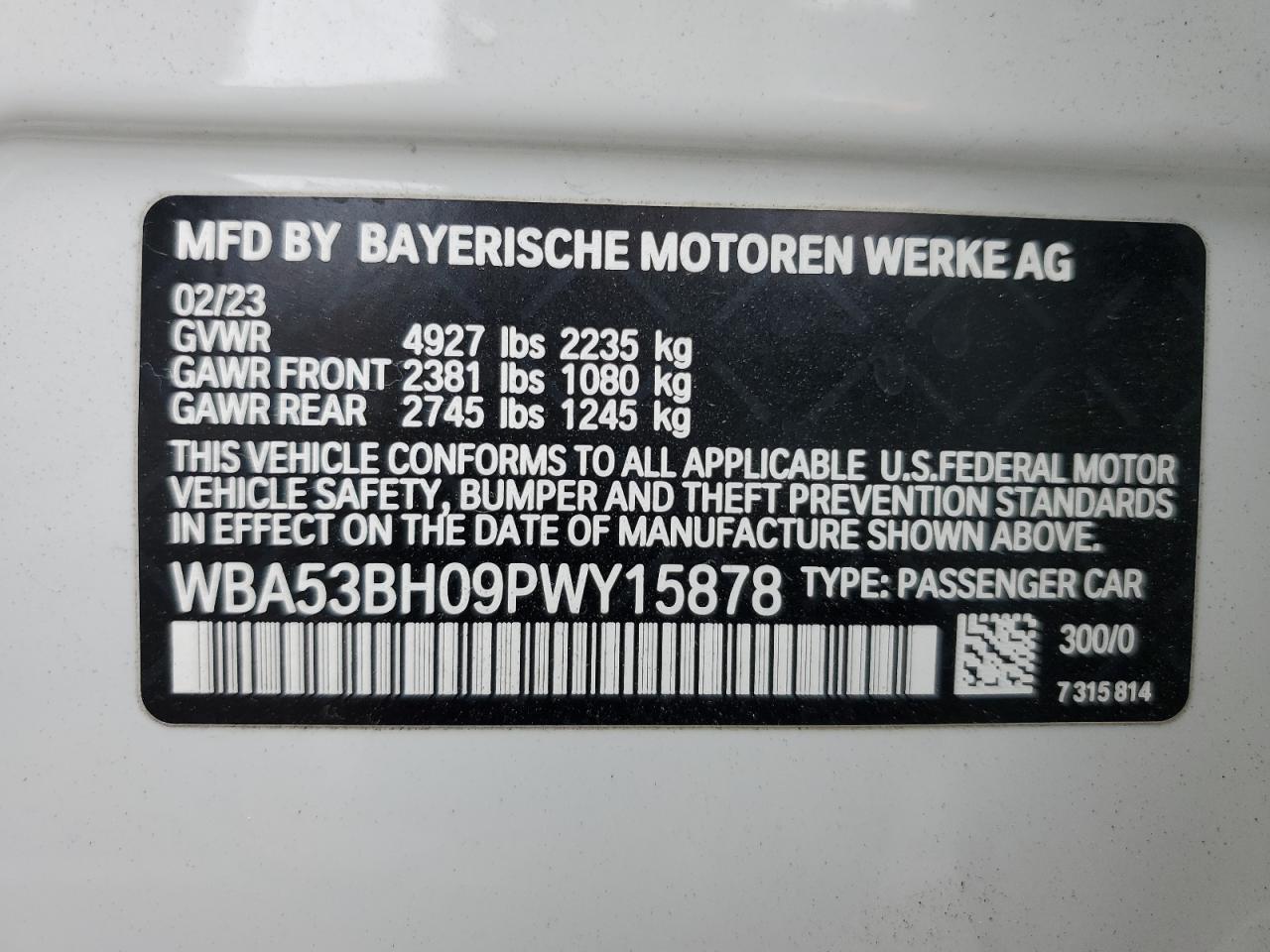 2023 BMW 530 I VIN:WBA53BH09PWY15878