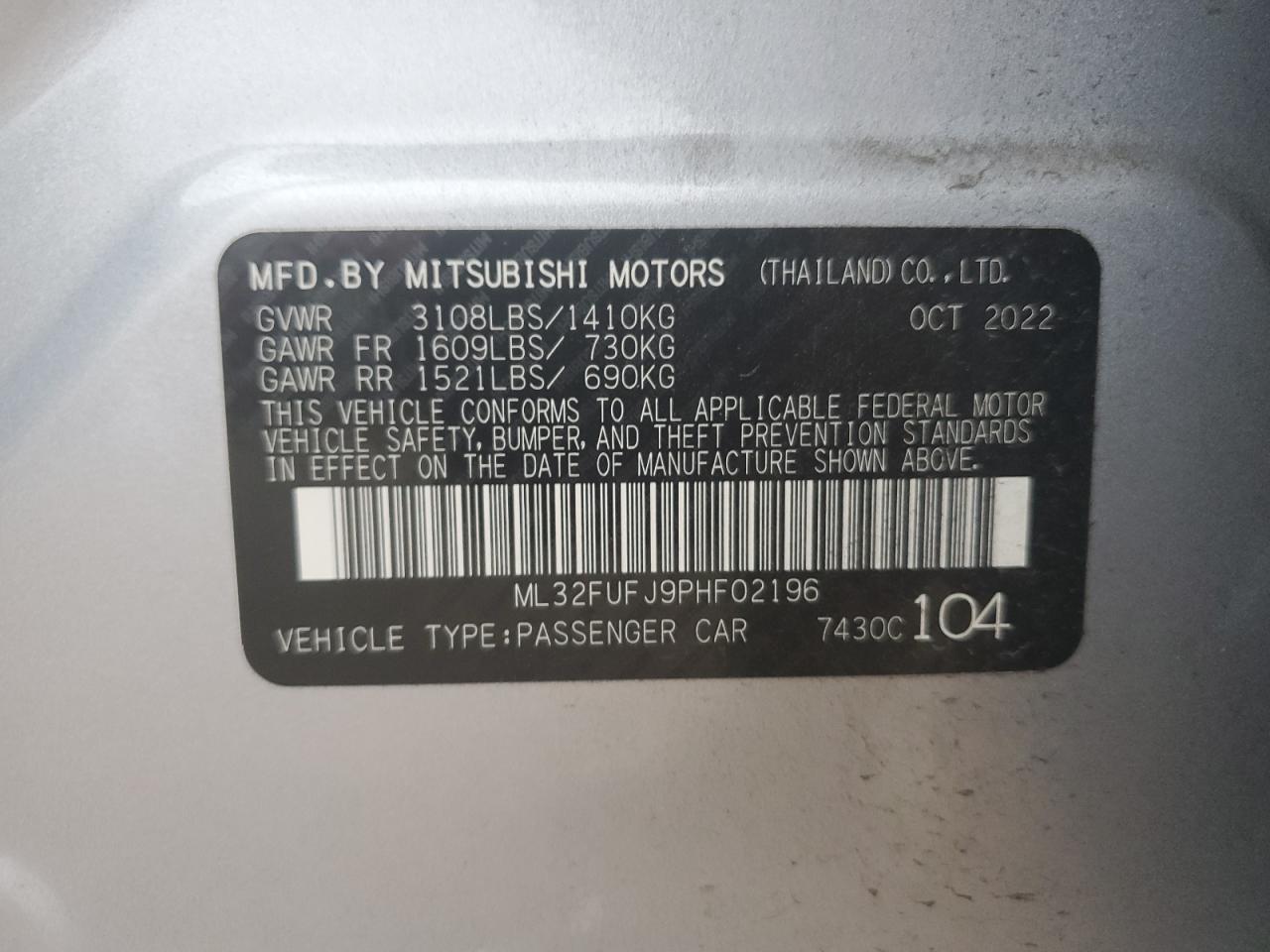 2023 MITSUBISHI MIRAGE G4 ES VIN:ML32FUFJ9PHF02196