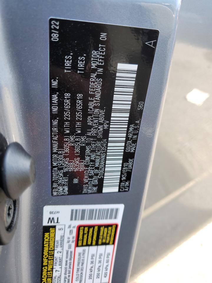 2022 TOYOTA HIGHLANDER XLE VIN:5TDGZRAH4NS135404