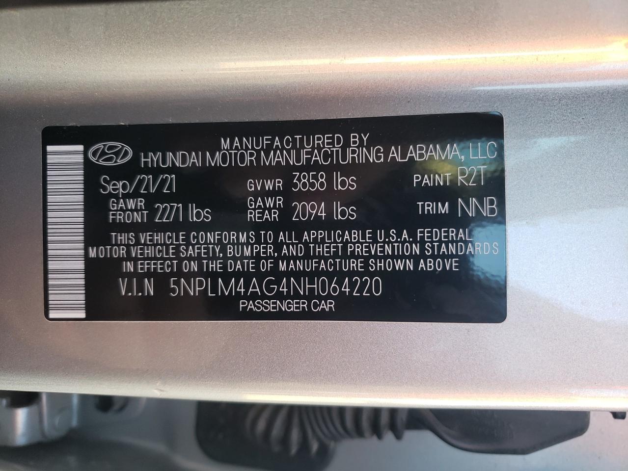 2022 HYUNDAI ELANTRA SEL VIN:5NPLM4AG4NH064220