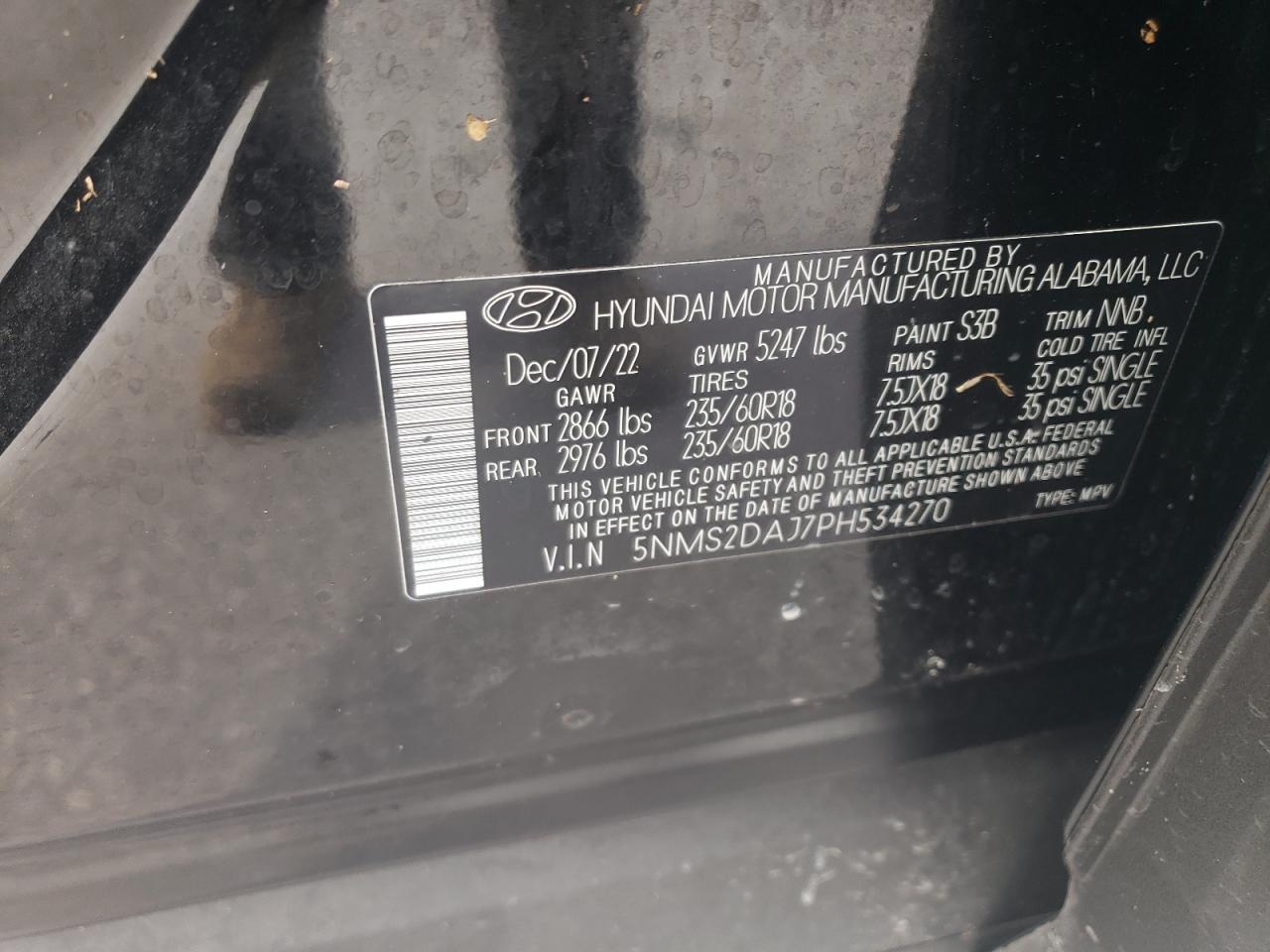 2023 HYUNDAI SANTA FE SEL VIN:5NMS2DAJ7PH534270