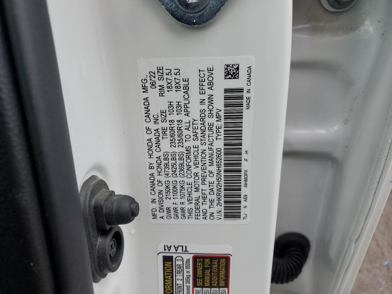 2022 HONDA CR-V EX VIN:2HKRW2H50NH652600