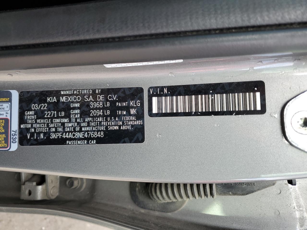 2022 KIA FORTE GT VIN:3KPF44AC8NE476848
