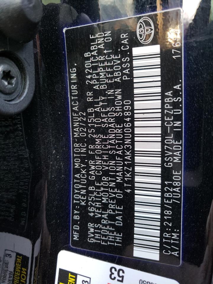 2022 TOYOTA CAMRY TRD VIN:4T1KZ1AK3NU064890