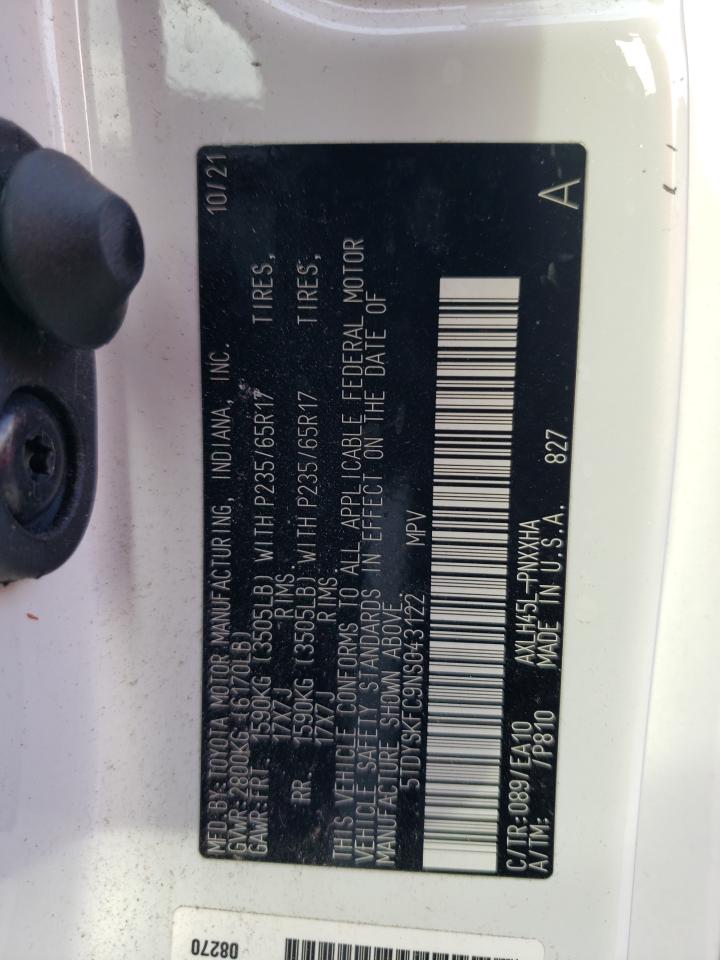 2022 TOYOTA SIENNA XLE VIN:5TDYSKFC9NS043122