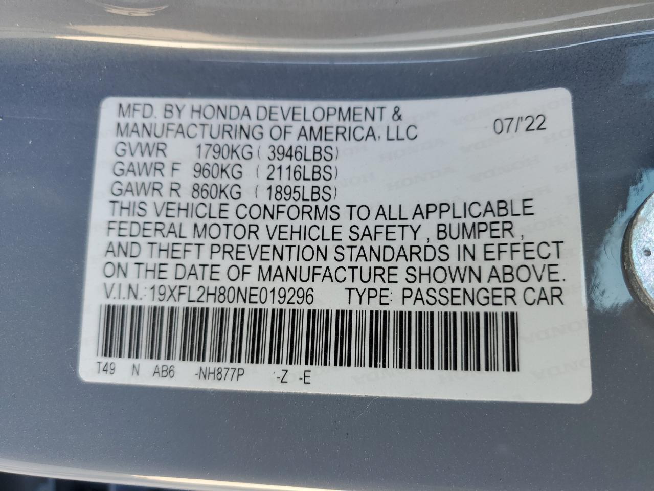 2022 HONDA CIVIC SPORT VIN:19XFL2H80NE019296