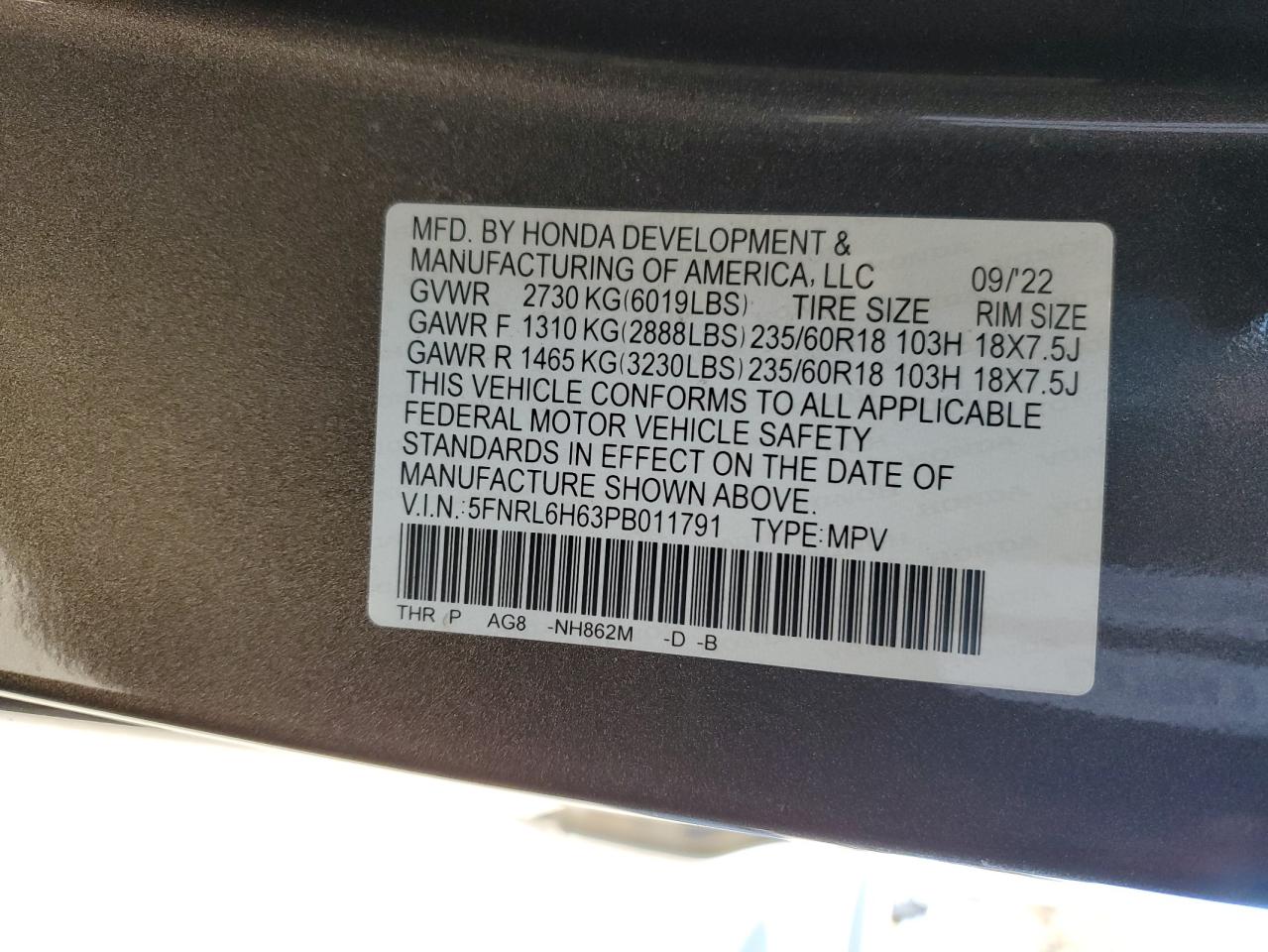 2023 HONDA ODYSSEY EXL VIN:5FNRL6H63PB011791
