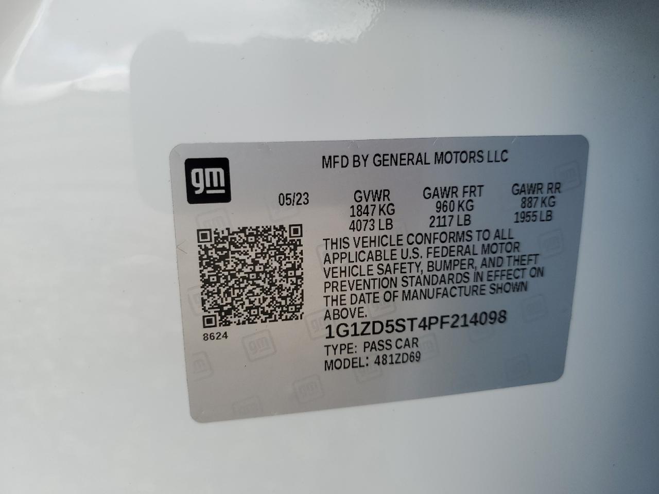 2023 CHEVROLET MALIBU LT VIN:1G1ZD5ST4PF214098