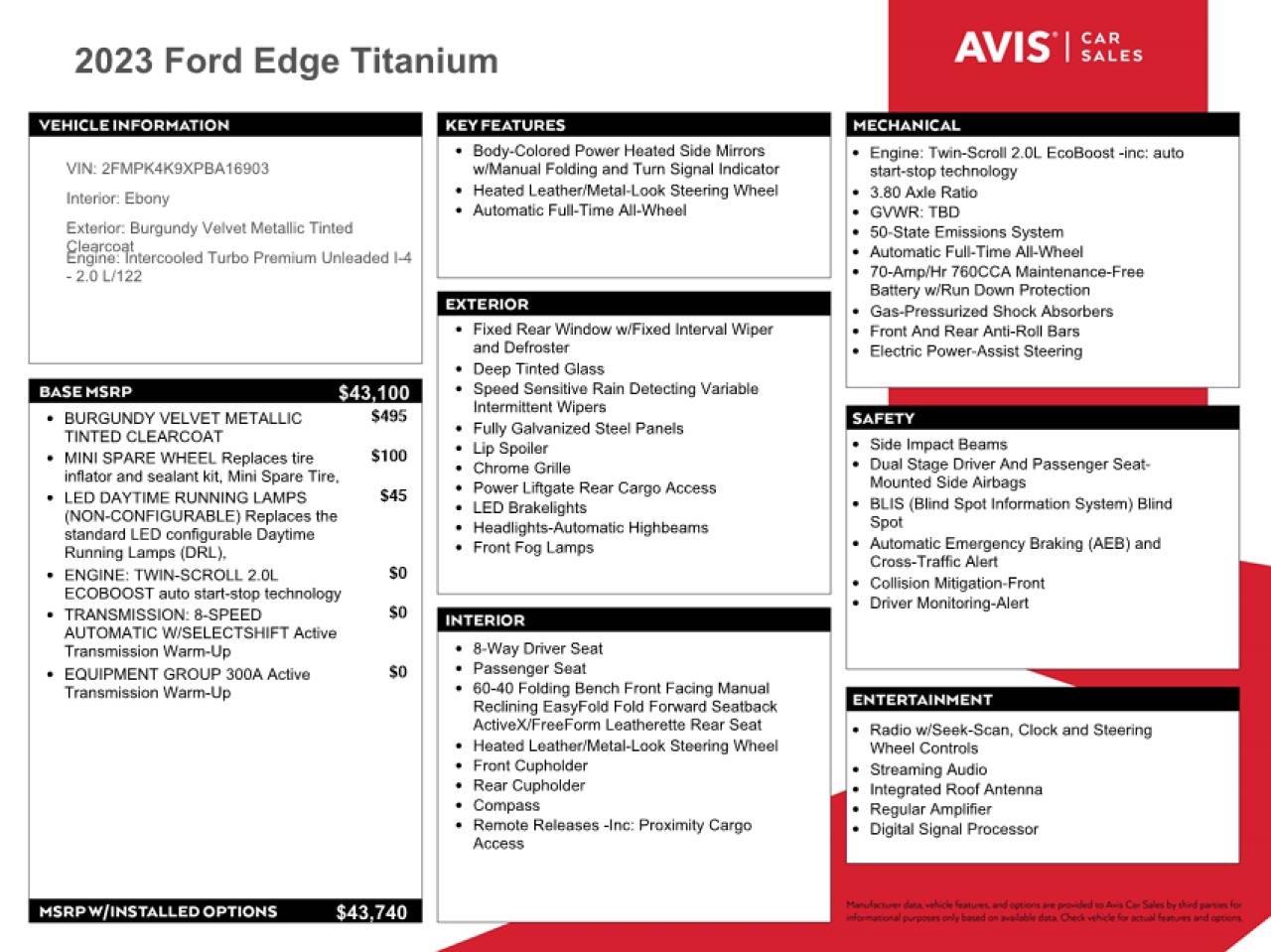 2023 FORD EDGE TITANIUM VIN:2FMPK4K9XPBA16903