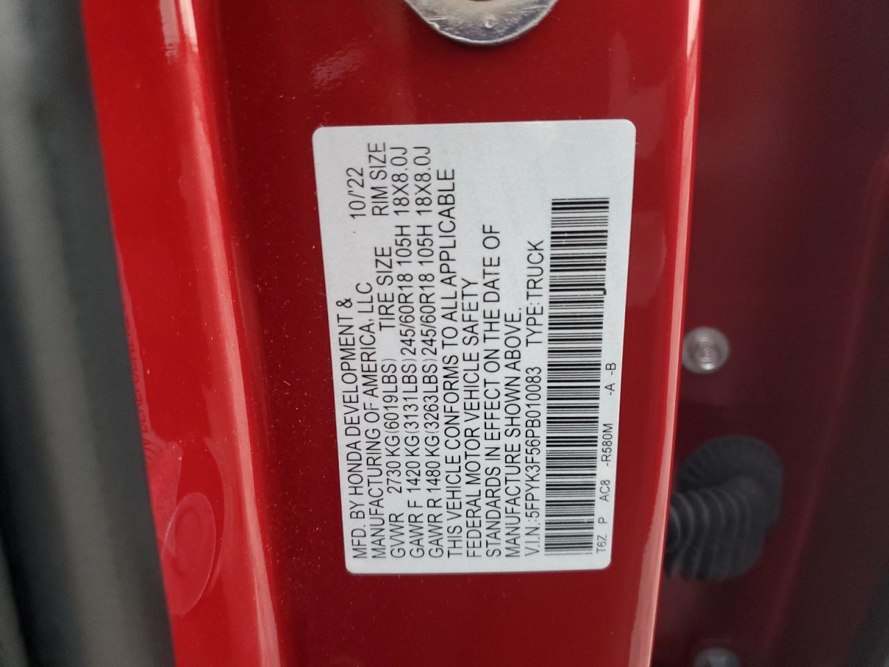 2023 HONDA RIDGELINE RTL VIN:5FPYK3F56PB010083