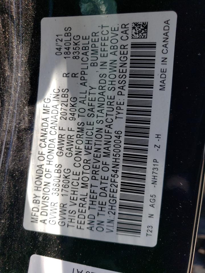 2022 HONDA CIVIC SPORT VIN:2HGFE2F54NH500046