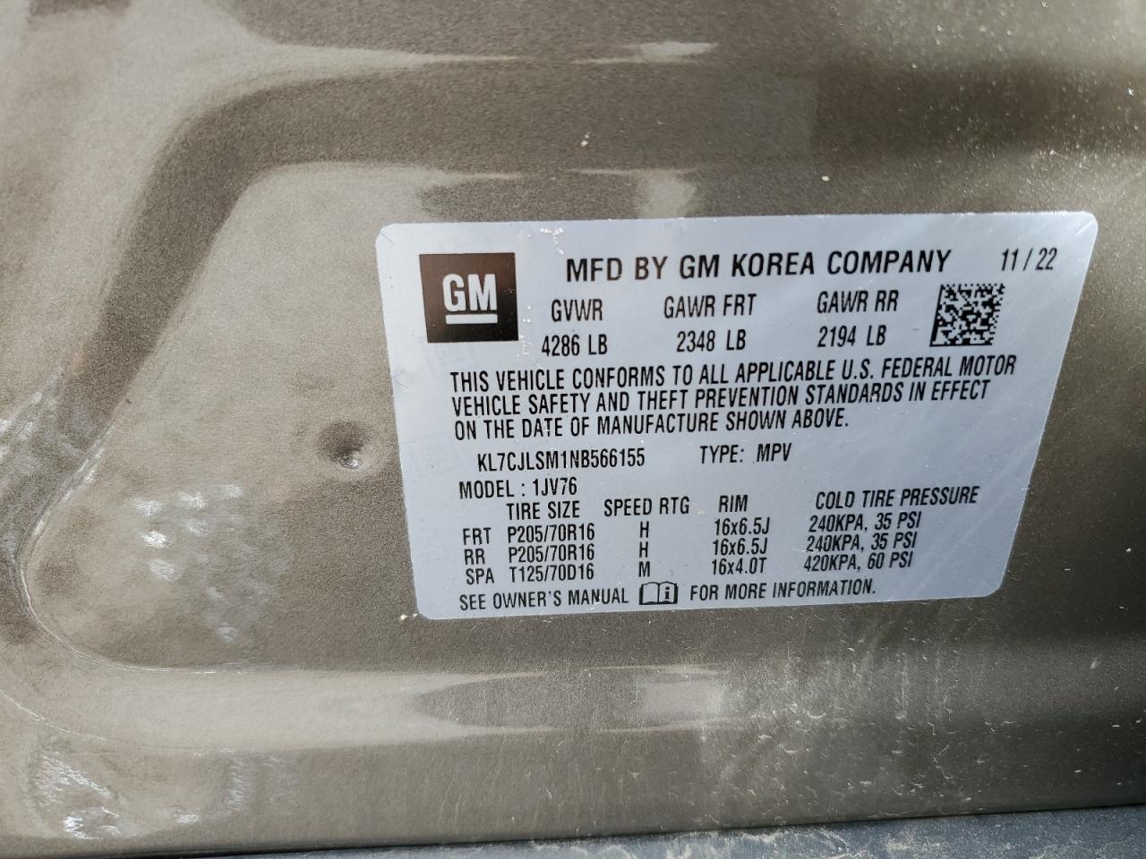 2022 CHEVROLET TRAX 1LT VIN:KL7CJLSM1NB566155